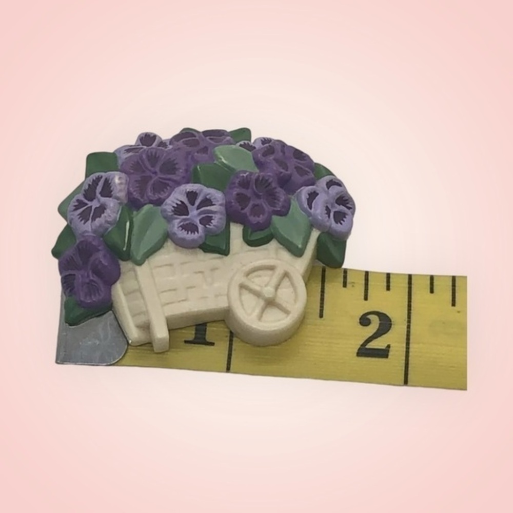 Vintage Hallmark Brooch Hat Pin Novelty wheelbarrow basket purple flowers